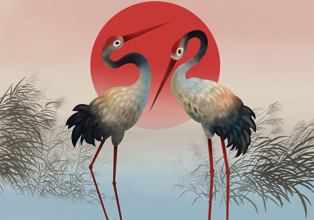 Two birds standing in front of a red sun Two birds standing in front of a red sun