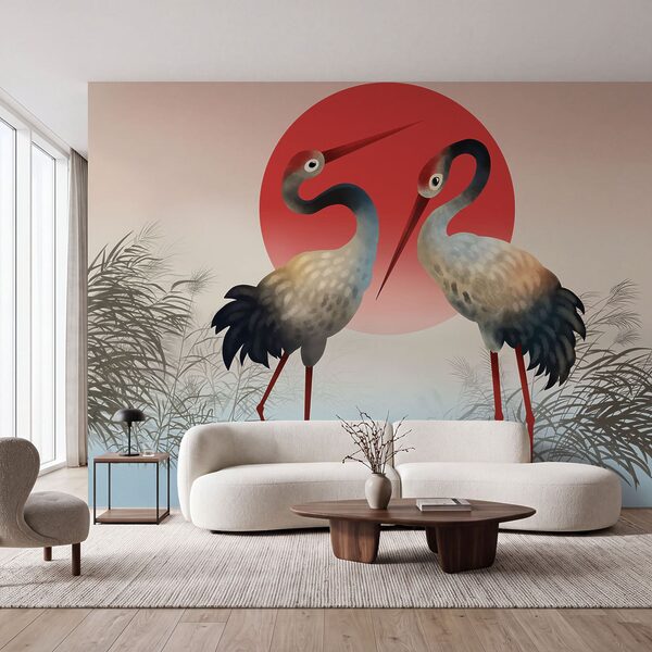 Two birds standing in front of a red sun Wall mural Two birds standing in front of a red sun
