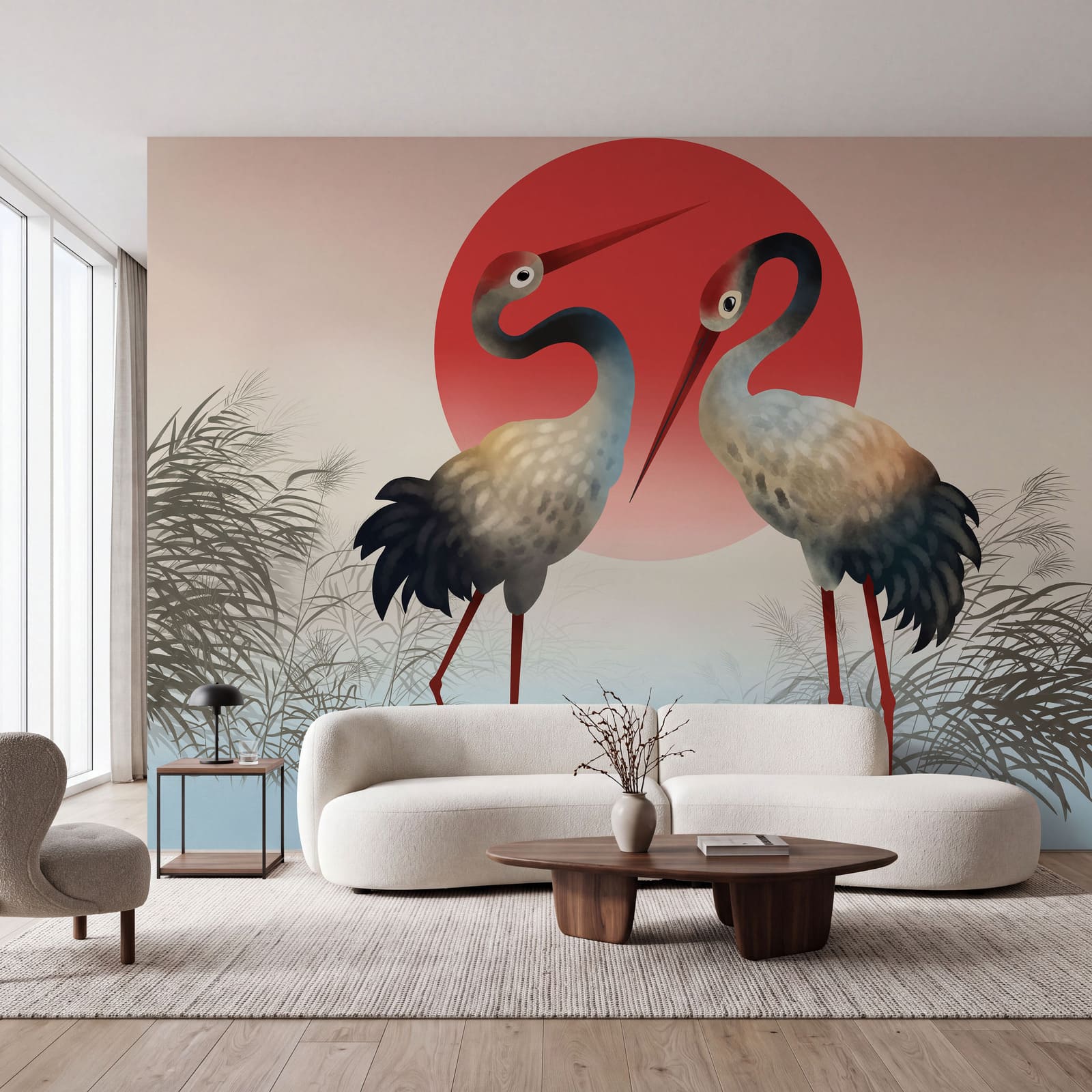 Two birds standing in front of a red sun Two birds standing in front of a red sun