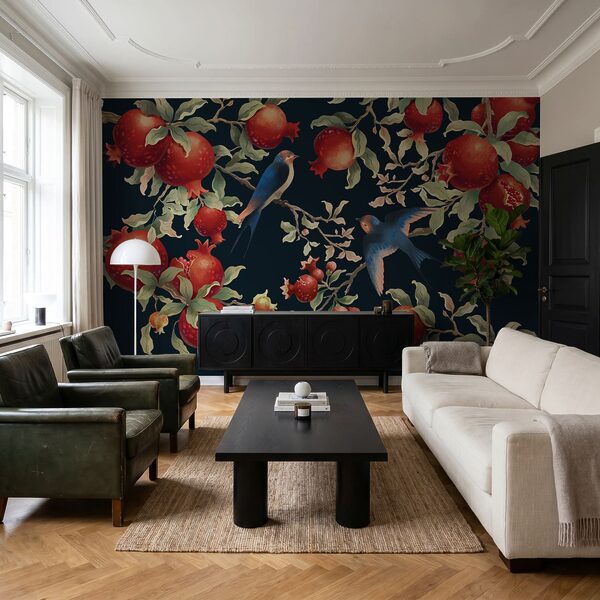 Painting of birds on a branch with fruits Painting of birds on a branch with fruits