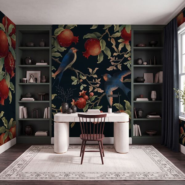 Painting of birds on a branch with fruits Wall mural Painting of birds on a branch with fruits