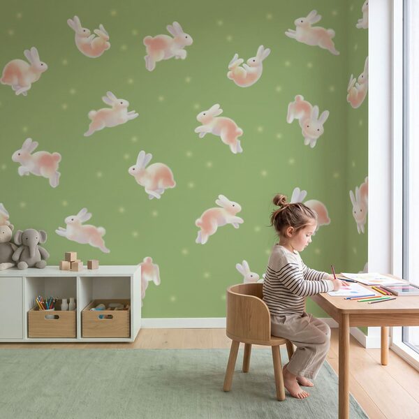 Group of bunnies on a green background Wall mural Group of bunnies on a green background