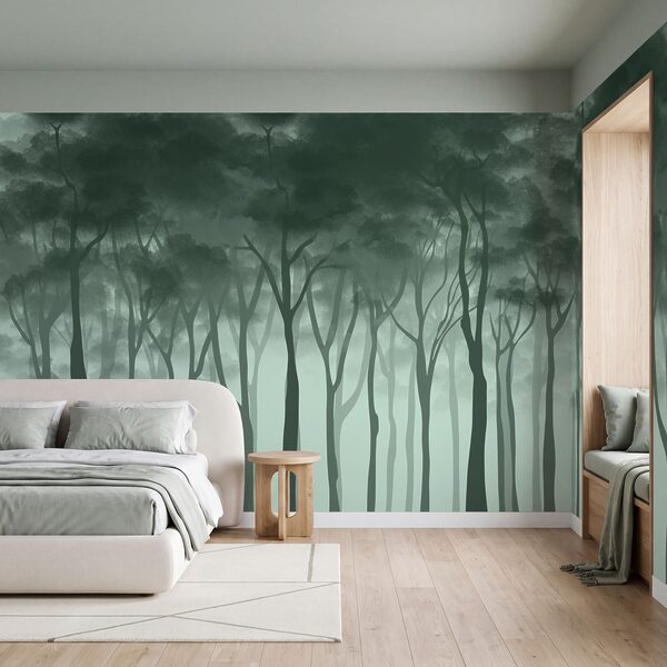Group of trees in a foggy forest Wall mural Group of trees in a foggy forest