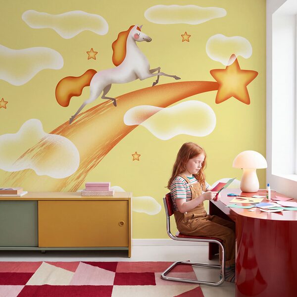 Horse running on a yellow object Wall mural Horse running on a yellow object