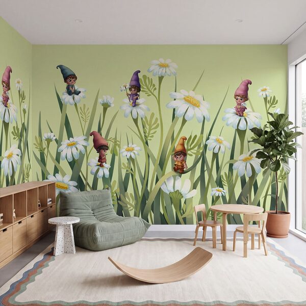 Group of gnomes on flowers Wall mural Group of gnomes on flowers