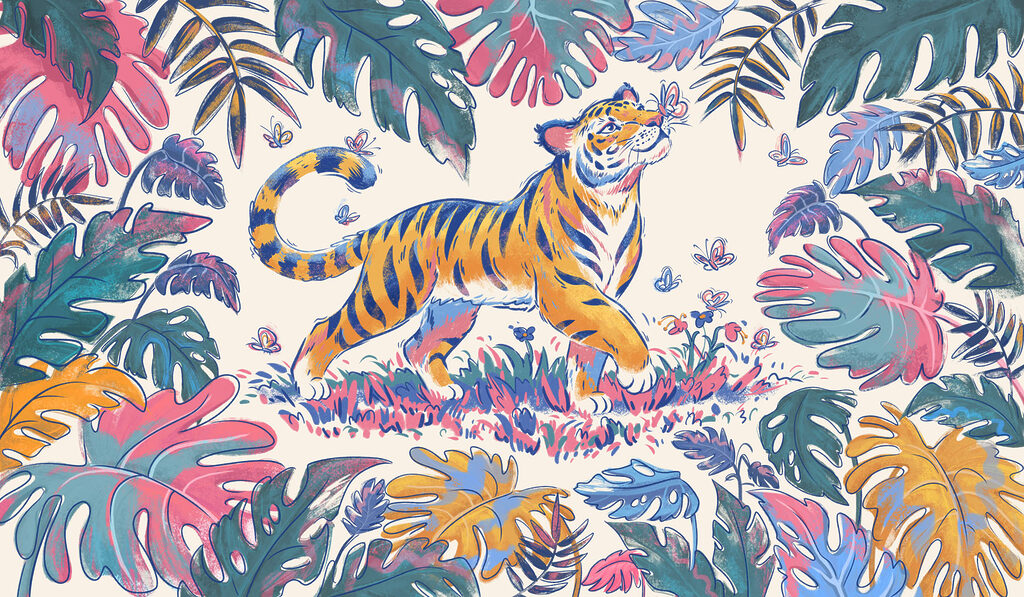 Wall mural Tiger with butterflies in its mouth (SKU: t01032)