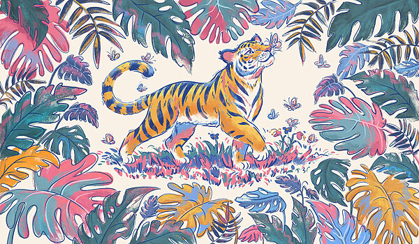 Wall mural Tiger with butterflies in its mouth (SKU: t01032)