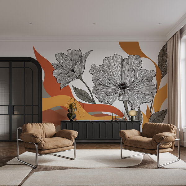 Wall mural Drawing of flowers with orange and white waves (SKU: t01038)