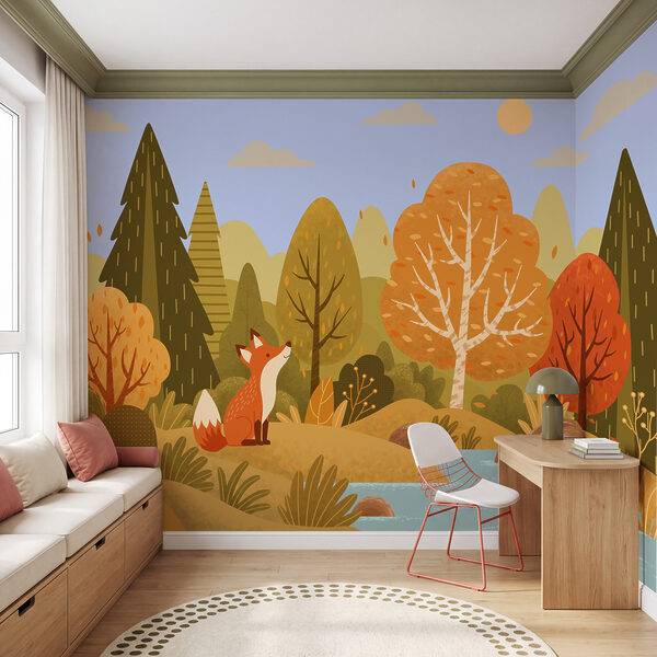 Wall mural Fox sitting on a hill near a river (SKU: t01041)