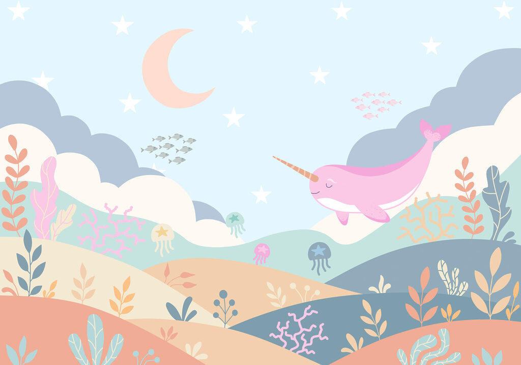 Wall mural Cartoon of a narwhal swimming in a sea (SKU: t01053) Wall mural Cartoon of a narwhal swimming in a sea (SKU: t01053)