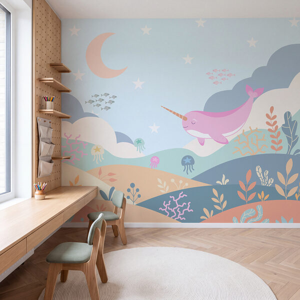 Wall mural Cartoon of a narwhal swimming in a sea (SKU: t01053) Wall mural Cartoon of a narwhal swimming in a sea (SKU: t01053)