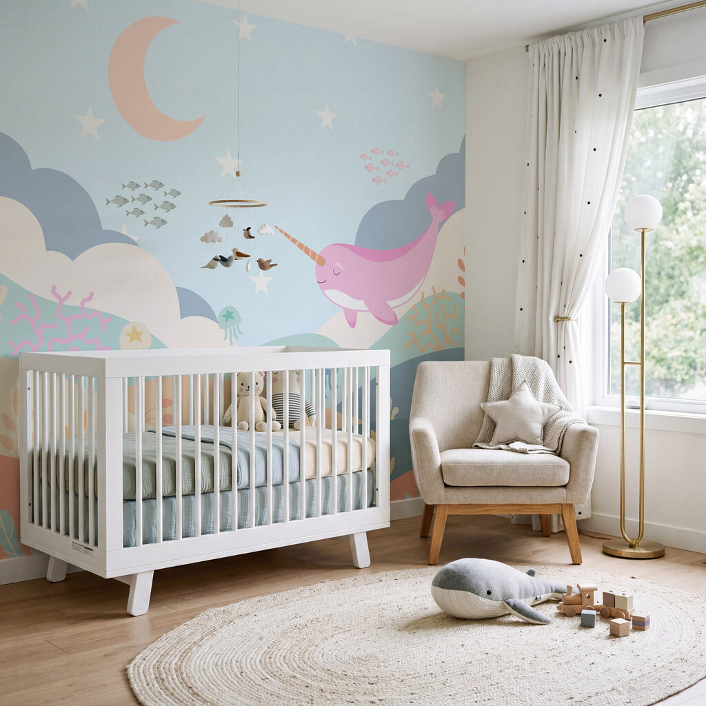 Wall mural Cartoon of a narwhal swimming in a sea (SKU: t01053) Wall mural Cartoon of a narwhal swimming in a sea (SKU: t01053)