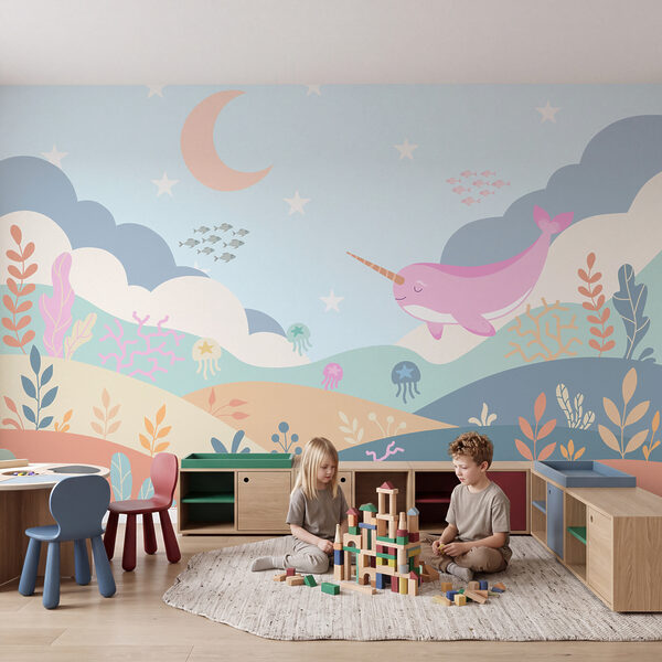 Wall mural Cartoon of a narwhal swimming in a sea (SKU: t01053) Wall mural Cartoon of a narwhal swimming in a sea (SKU: t01053)