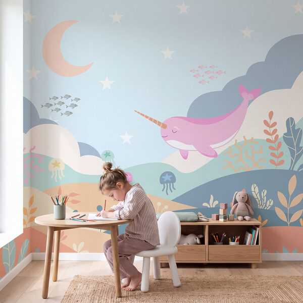 Wall mural Cartoon of a narwhal swimming in a sea (SKU: t01053) Wall mural Cartoon of a narwhal swimming in a sea (SKU: t01053)