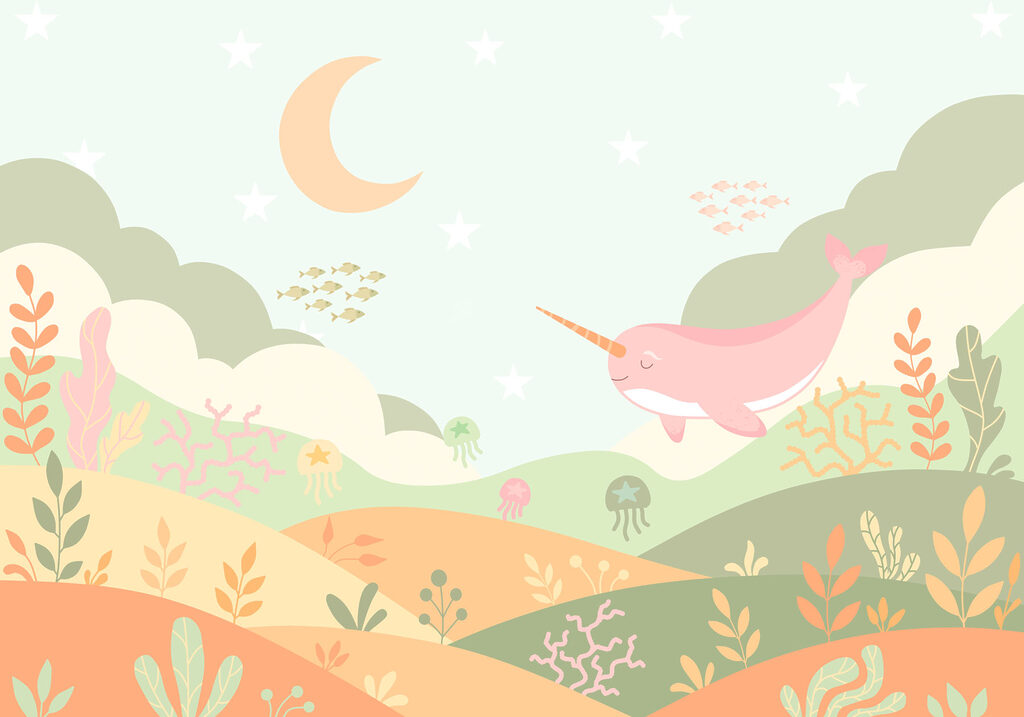 Wall mural Cartoon of a whale swimming in a sea (SKU: t01053v1)
