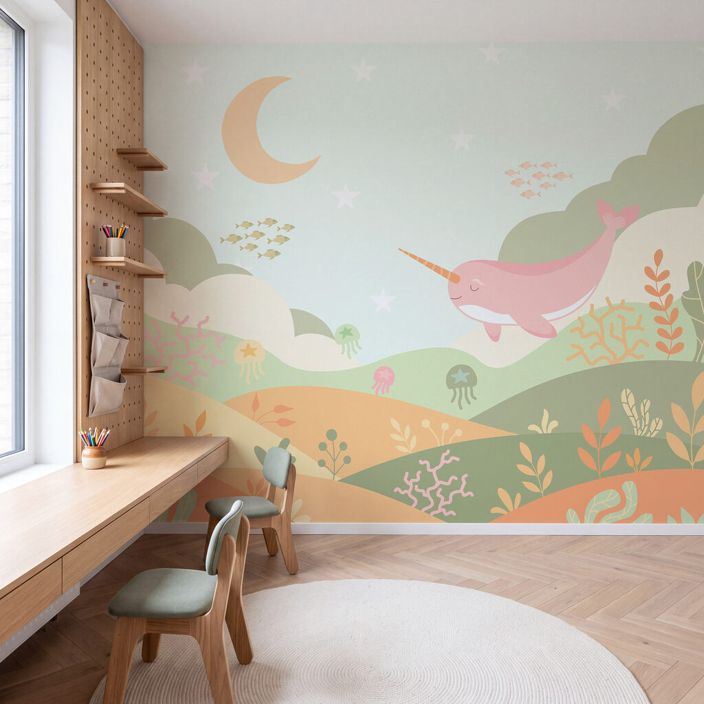 Wall mural Cartoon of a whale swimming in a sea (SKU: t01053v1)