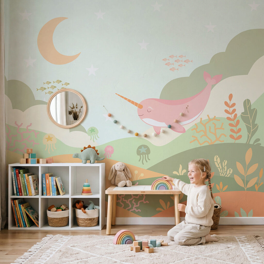 Wall mural Cartoon of a whale swimming in a sea (SKU: t01053v1)