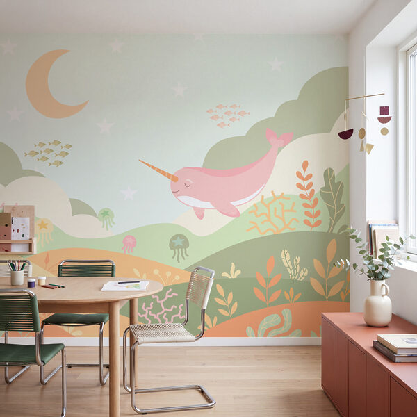 Wall mural Cartoon of a whale swimming in a sea (SKU: t01053v1)