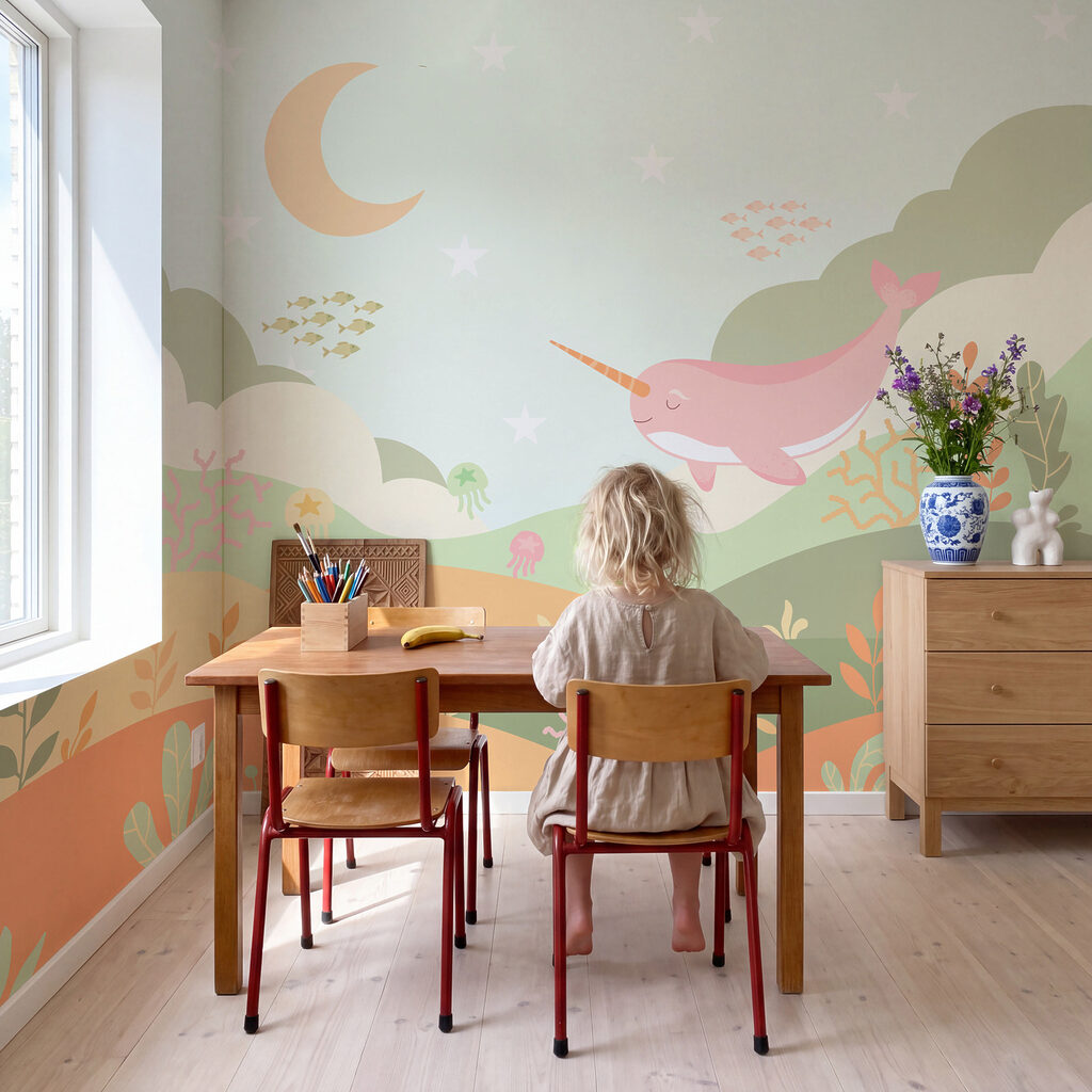 Wall mural Cartoon of a whale swimming in a sea (SKU: t01053v1)