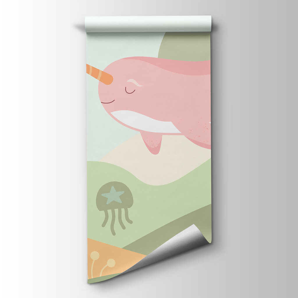 Wall mural Cartoon of a whale swimming in a sea (SKU: t01053v1)