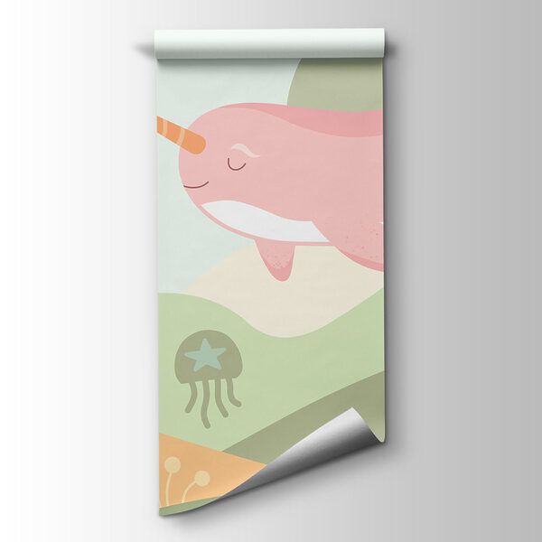 Wall mural Cartoon of a whale swimming in a sea (SKU: t01053v1)