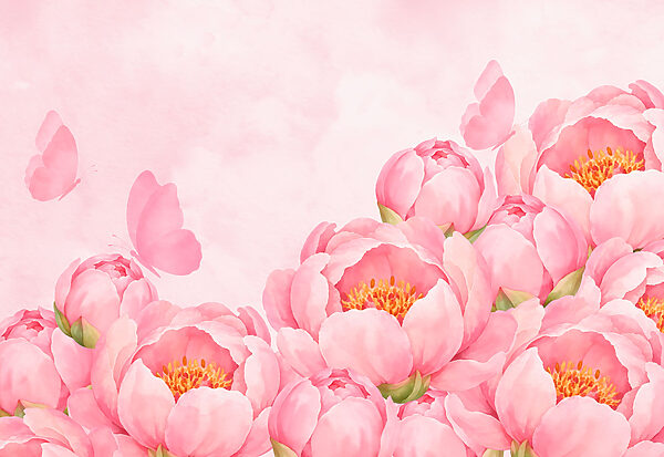 Wall mural Pink flowers with a butterfly (SKU: t01101) Wall mural Pink flowers with a butterfly (SKU: t01101)