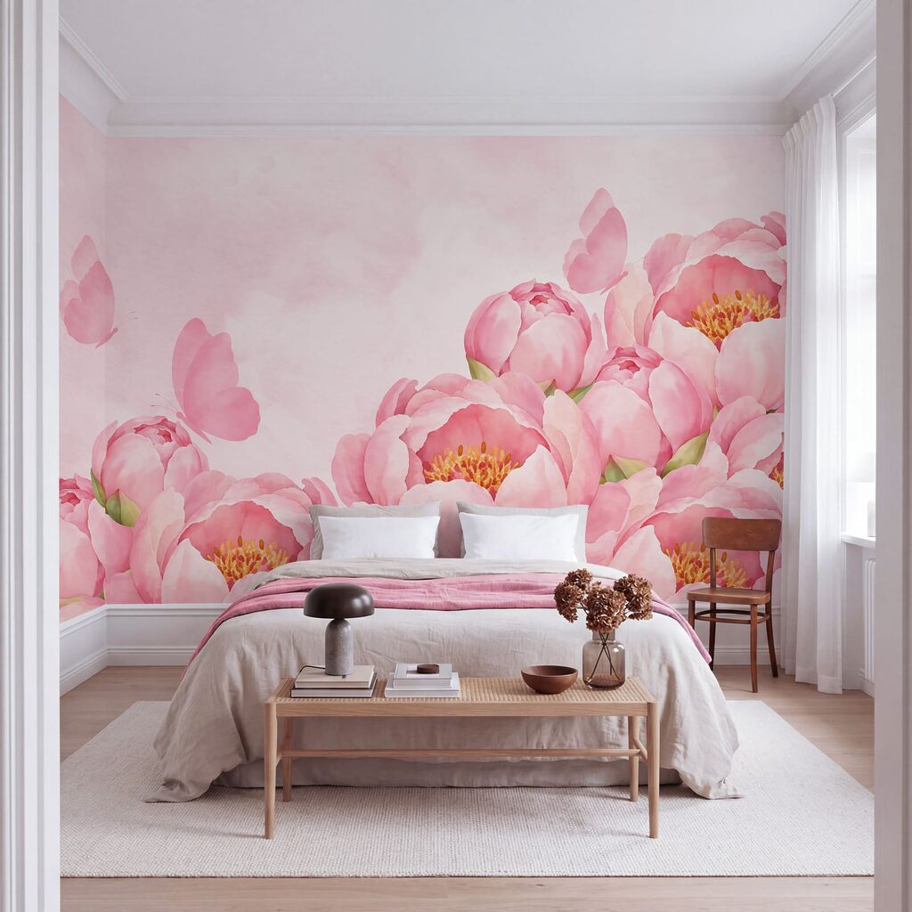 Wall mural Pink flowers with a butterfly (SKU: t01101) Wall mural Pink flowers with a butterfly (SKU: t01101)