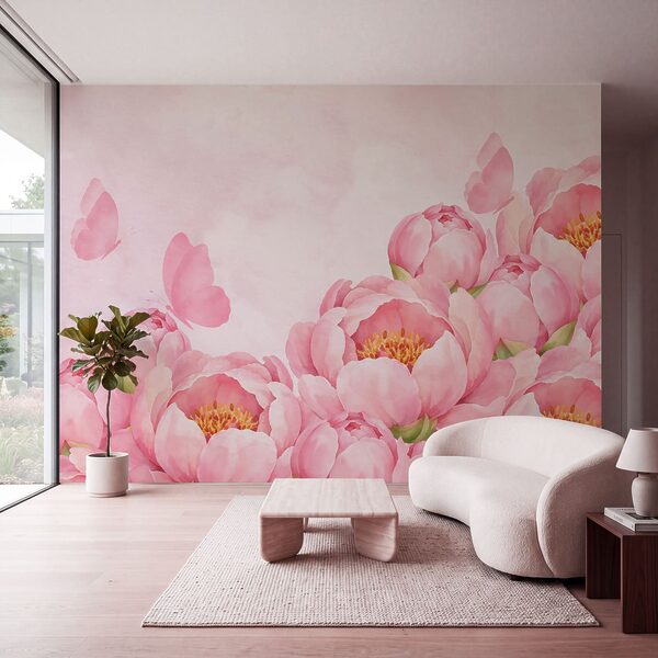 Wall mural Pink flowers with a butterfly (SKU: t01101) Wall mural Pink flowers with a butterfly (SKU: t01101)