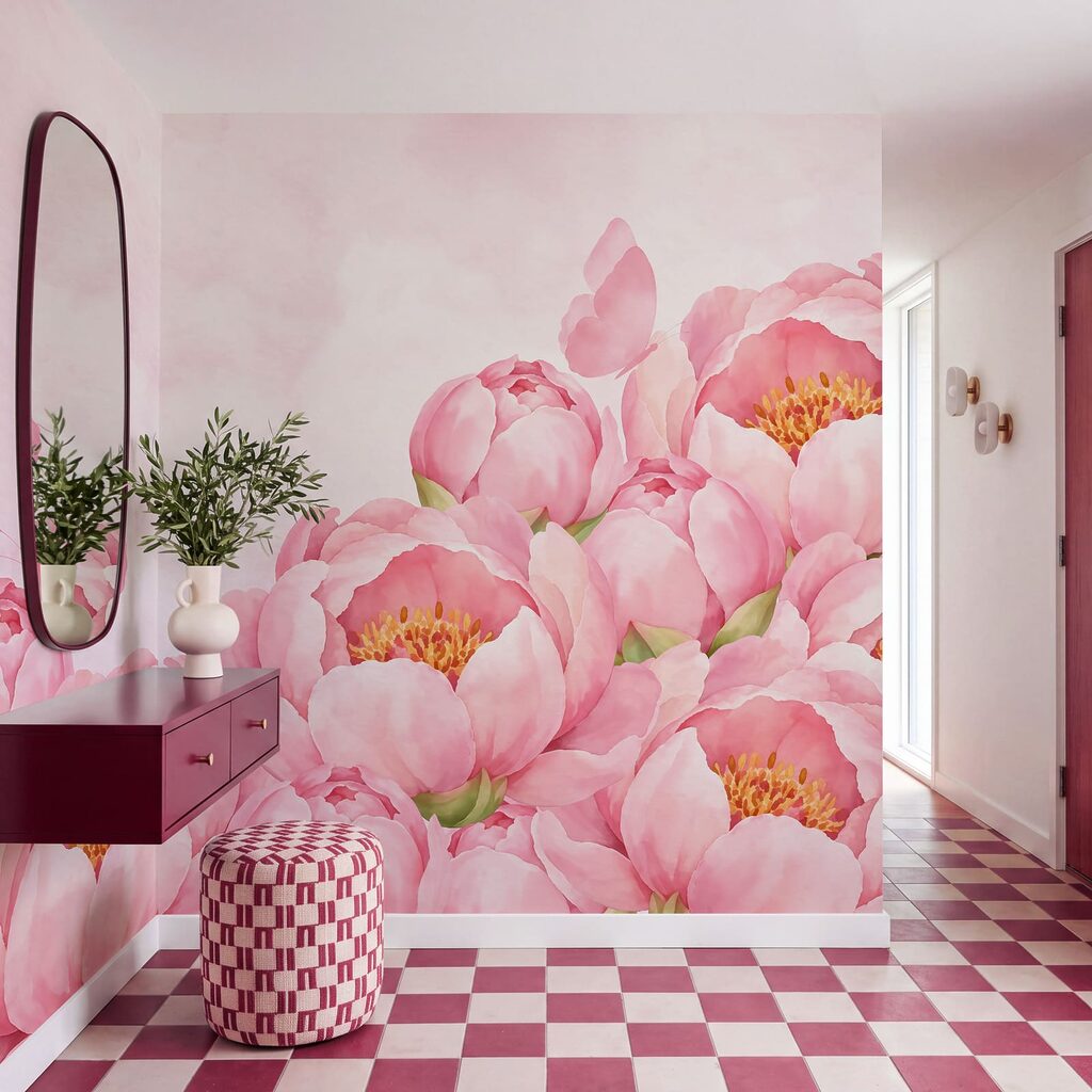 Wall mural Pink flowers with a butterfly (SKU: t01101) Wall mural Pink flowers with a butterfly (SKU: t01101)