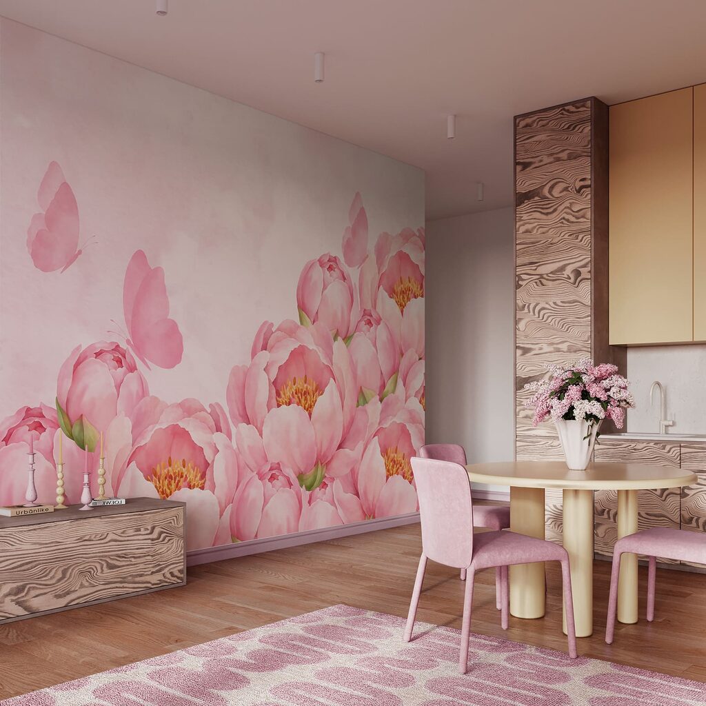Wall mural Pink flowers with a butterfly (SKU: t01101) Wall mural Pink flowers with a butterfly (SKU: t01101)