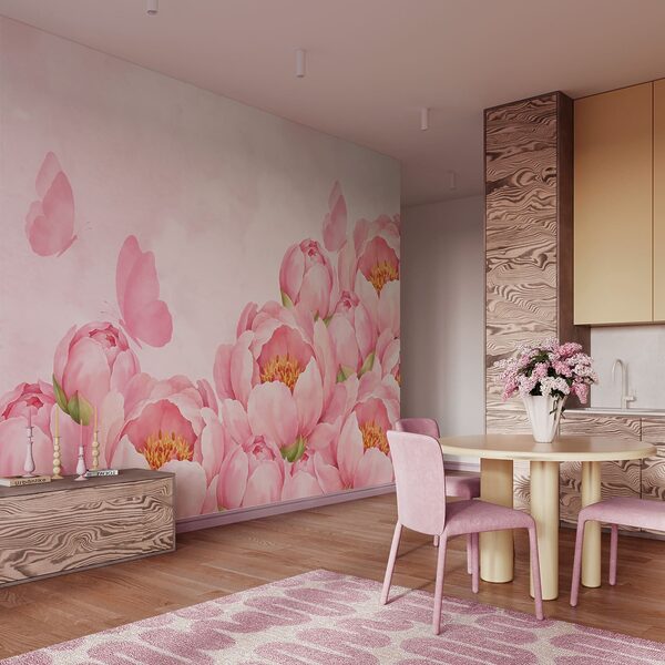 Wall mural Pink flowers with a butterfly (SKU: t01101) Wall mural Pink flowers with a butterfly (SKU: t01101)