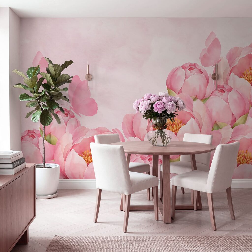 Wall mural Pink flowers with a butterfly (SKU: t01101) Wall mural Pink flowers with a butterfly (SKU: t01101)