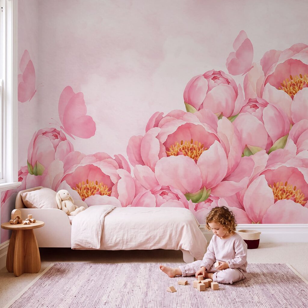 Wall mural Pink flowers with a butterfly (SKU: t01101) Wall mural Pink flowers with a butterfly (SKU: t01101)