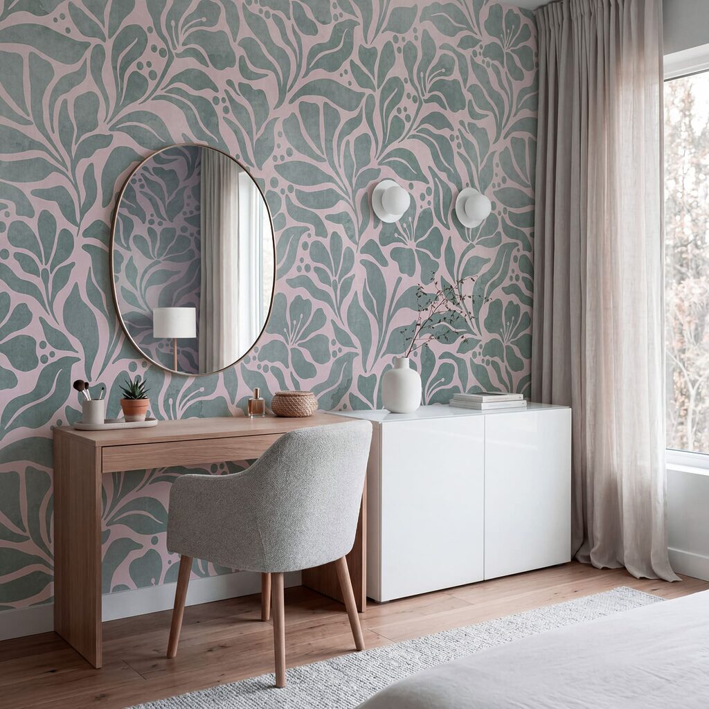 Wall mural Pattern of leaves on a pink background (SKU: t01114v3)