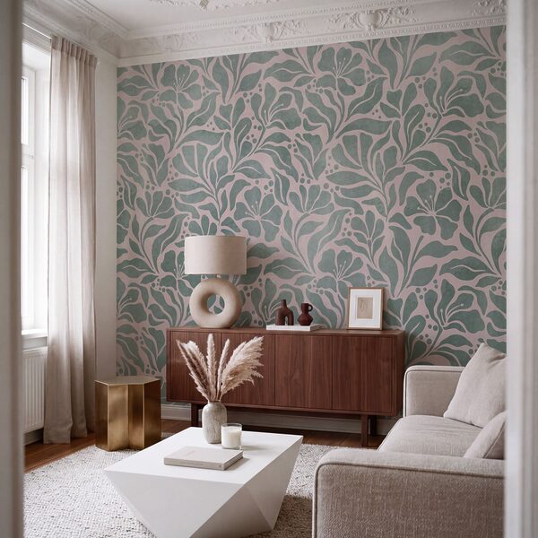 Wall mural Pattern of leaves on a pink background (SKU: t01114v3)