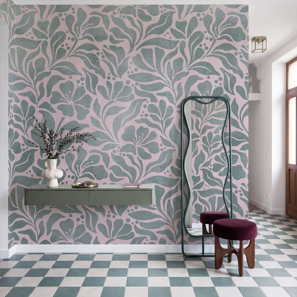 Wall mural Pattern of leaves on a pink background (SKU: t01114v3)