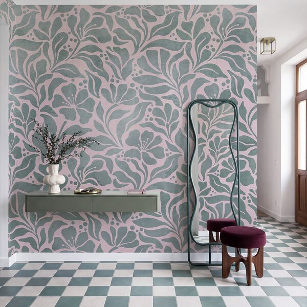 Wall mural Pattern of leaves on a pink background (SKU: t01114v3)