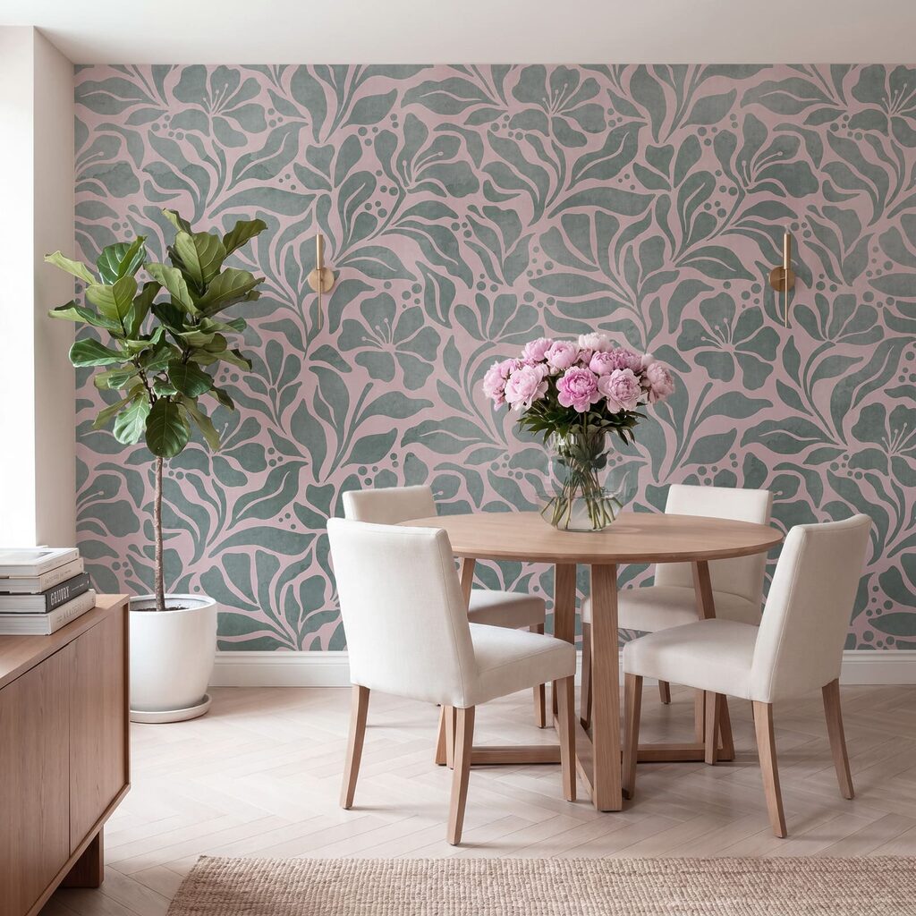 Wall mural Pattern of leaves on a pink background (SKU: t01114v3)