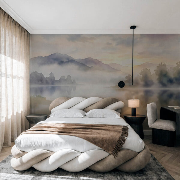 Wall mural Watercolor painting of a lake with trees and mountains in the background (SKU: t01068) Wall mural Watercolor painting of a lake with trees and mountains in the background (SKU: t01068)