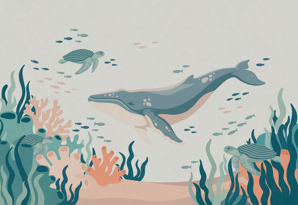 Wall mural Whale and turtle swimming in the ocean (SKU: t01074) Wall mural Whale and turtle swimming in the ocean (SKU: t01074)