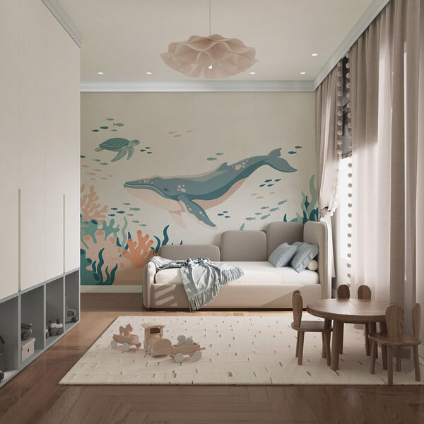 Wall mural Whale and turtle swimming in the ocean (SKU: t01074) Wall mural Whale and turtle swimming in the ocean (SKU: t01074)