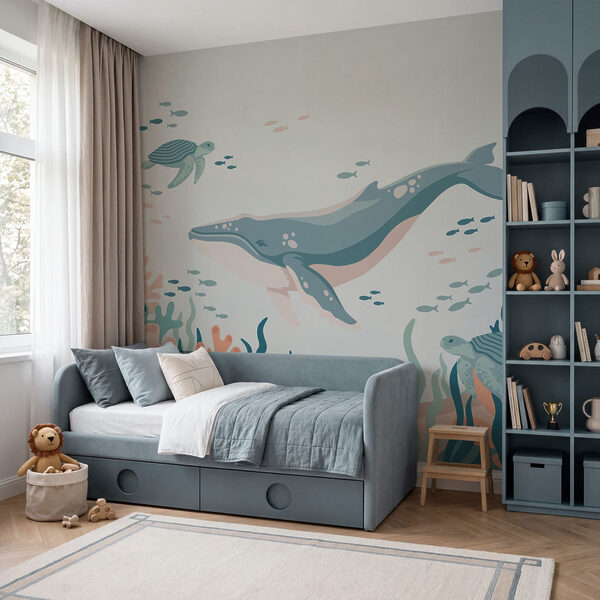 Wall mural Whale and turtle swimming in the ocean (SKU: t01074) Wall mural Whale and turtle swimming in the ocean (SKU: t01074)