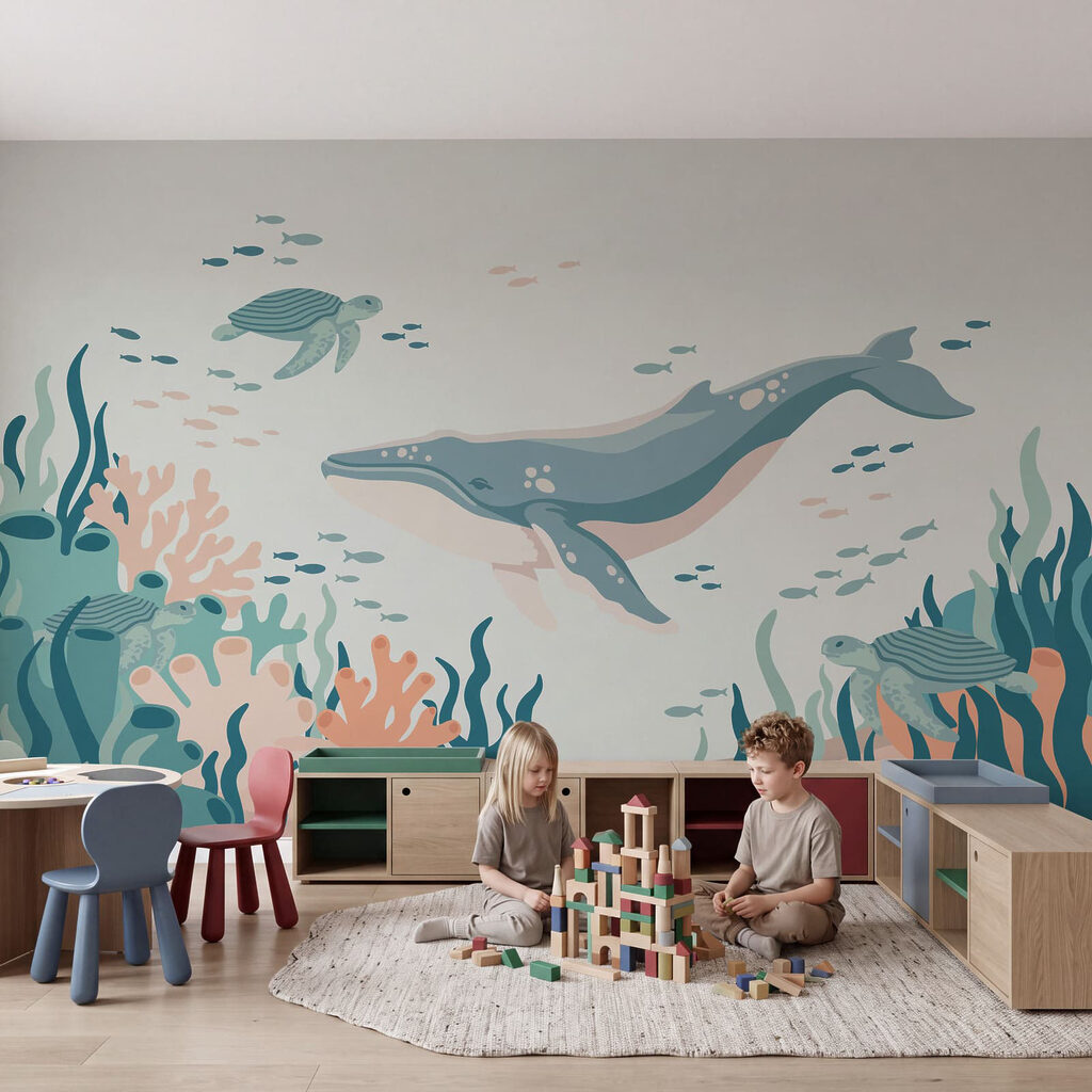 Wall mural Whale and turtle swimming in the ocean (SKU: t01074) Wall mural Whale and turtle swimming in the ocean (SKU: t01074)