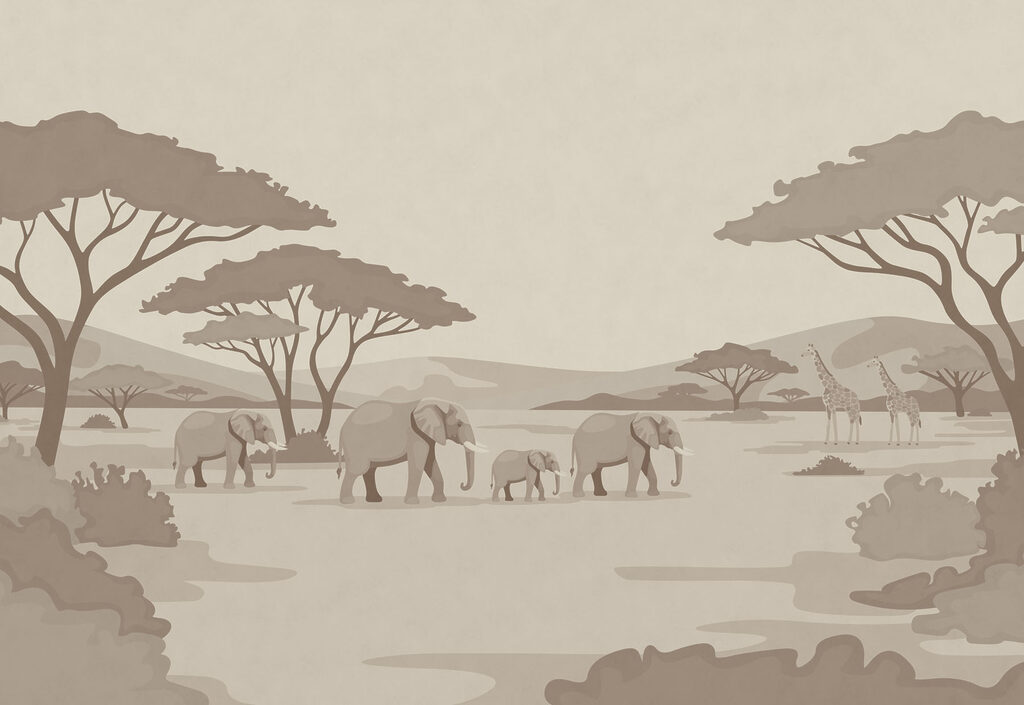 Wall mural Group of elephants and giraffes in a field (SKU: t01076)