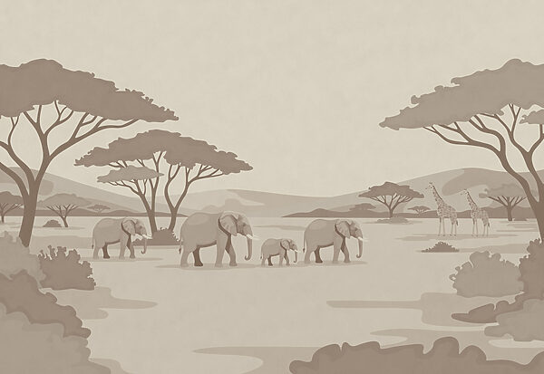 Wall mural Group of elephants and giraffes in a field (SKU: t01076)