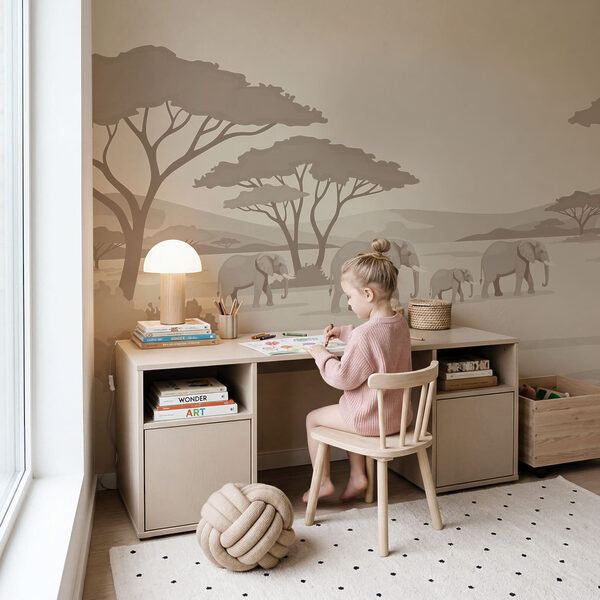 Wall mural Group of elephants and giraffes in a field (SKU: t01076)
