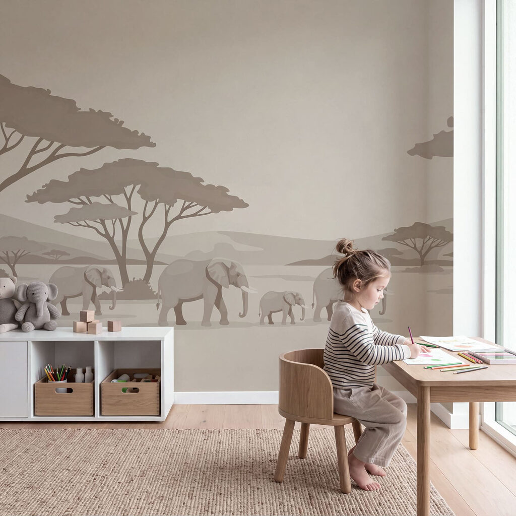 Wall mural Group of elephants and giraffes in a field (SKU: t01076)