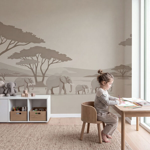 Wall mural Group of elephants and giraffes in a field (SKU: t01076)