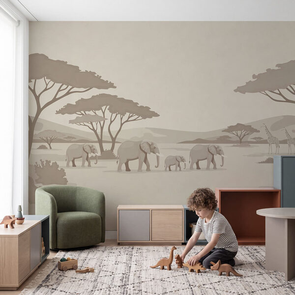 Wall mural Group of elephants and giraffes in a field (SKU: t01076)