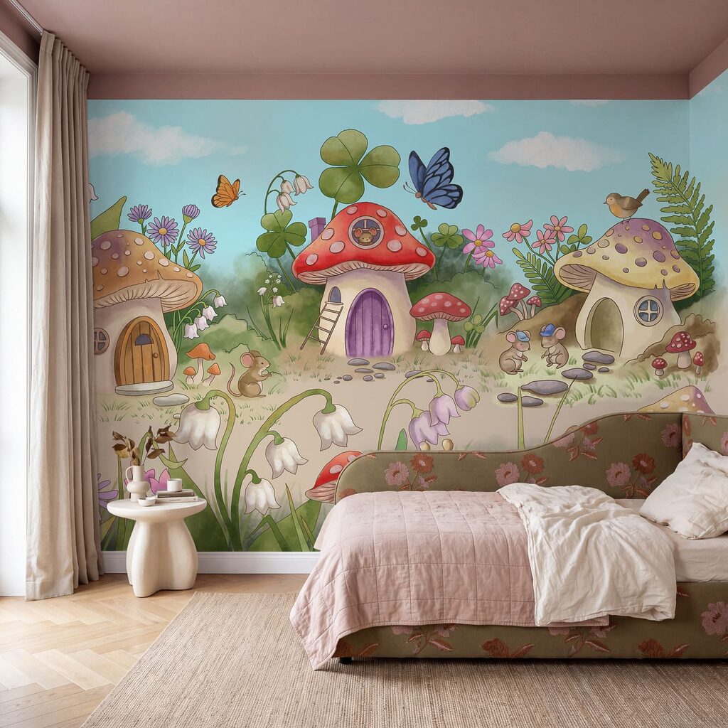 Wall mural Cartoon of mushrooms and snails (SKU: t01104) Wall mural Cartoon of mushrooms and snails (SKU: t01104)